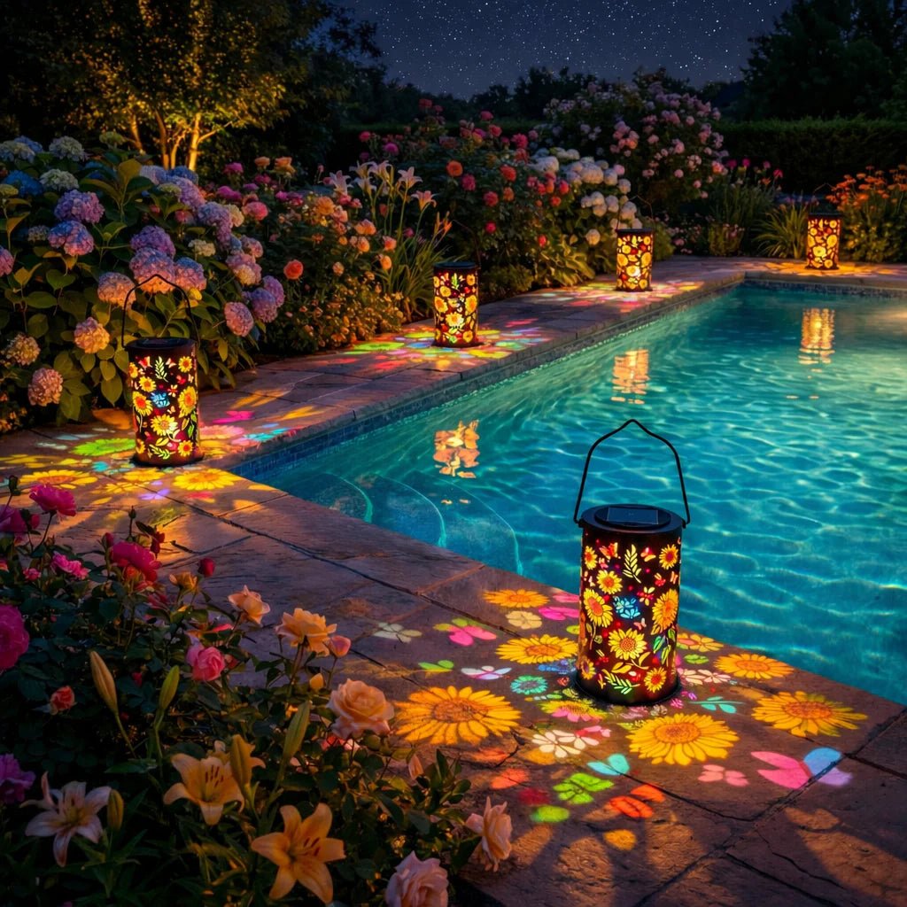 Metal Solar Garden Lantern | Flower Light Projection | Automatic Twilight Switch