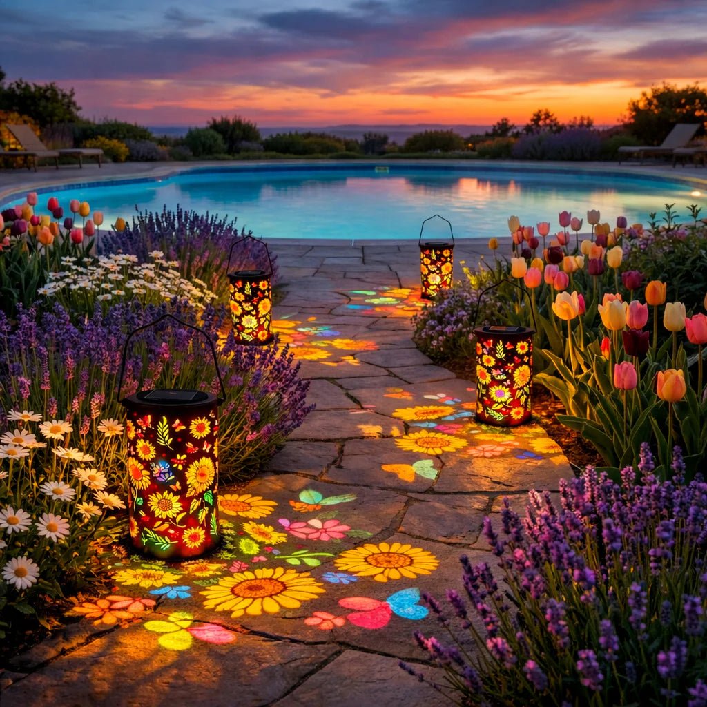 Metal Solar Garden Lantern | Flower Light Projection | Automatic Twilight Switch