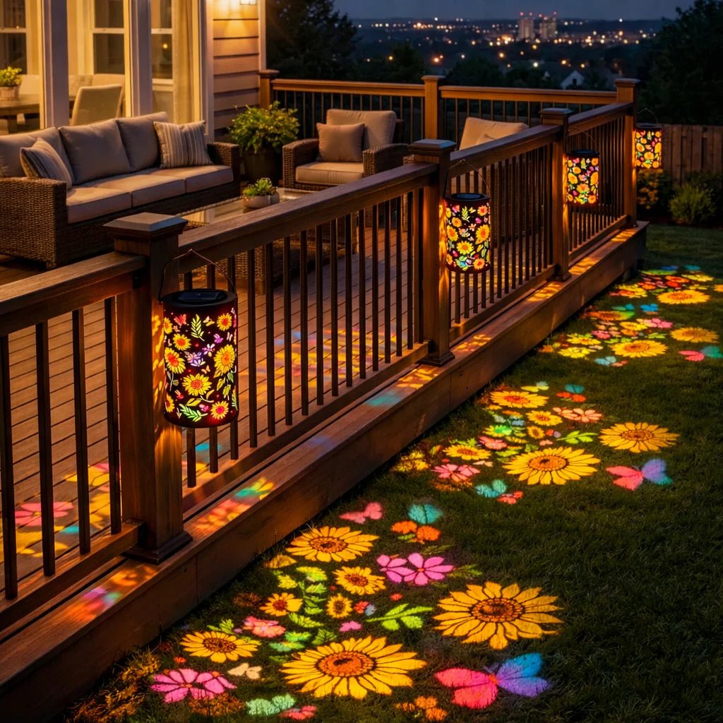 Metal Solar Garden Lantern | Flower Light Projection | Automatic Twilight Switch