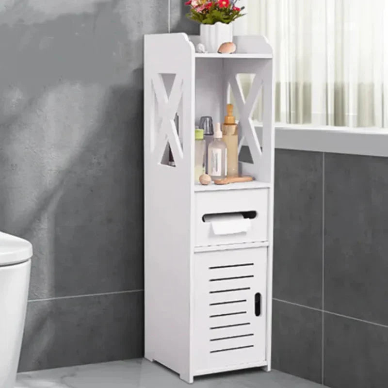 Compact White Wood Bathroom Organizer for Efficient Storage