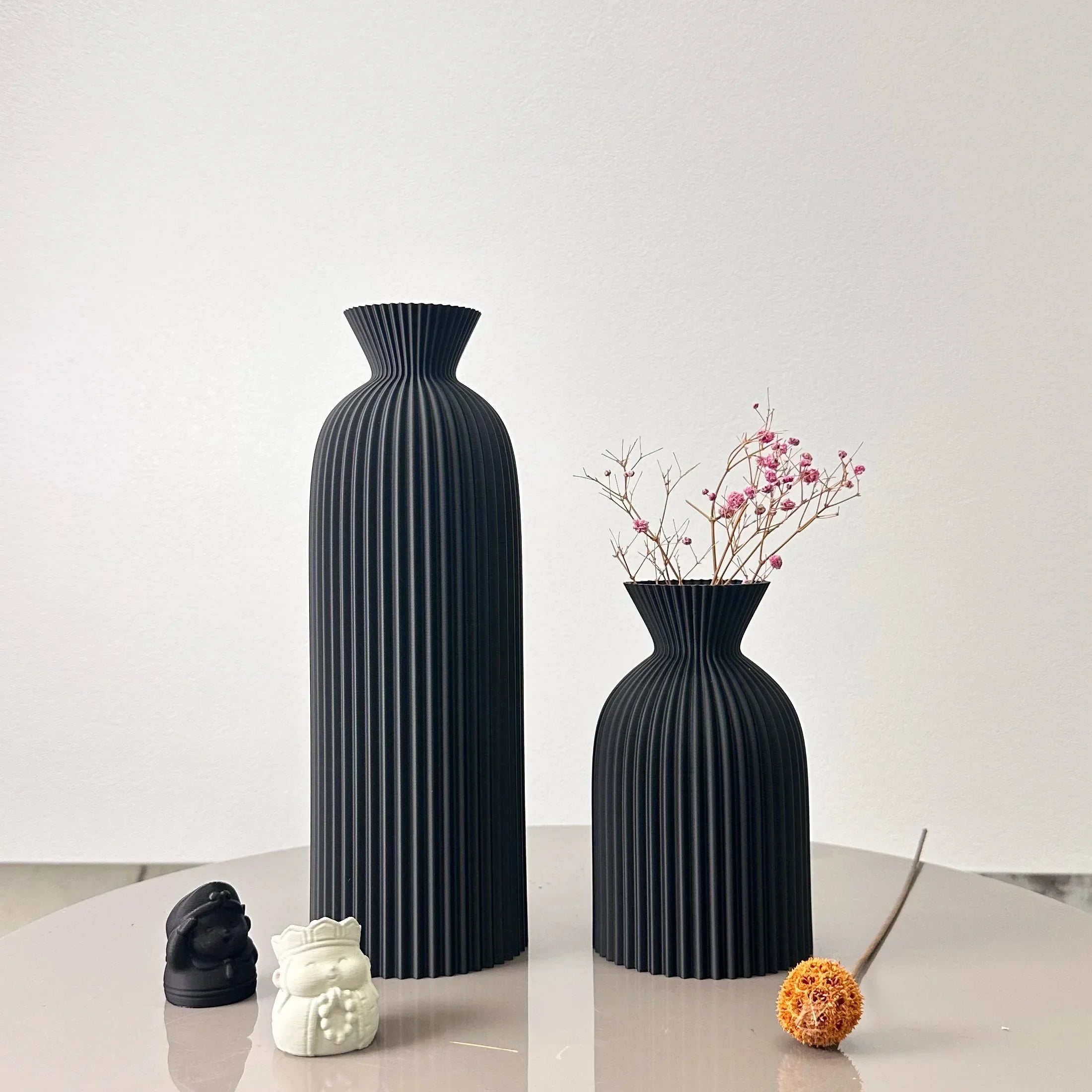 Elegant Dual Ceramic Vases with Striped Design in Neutral Tones