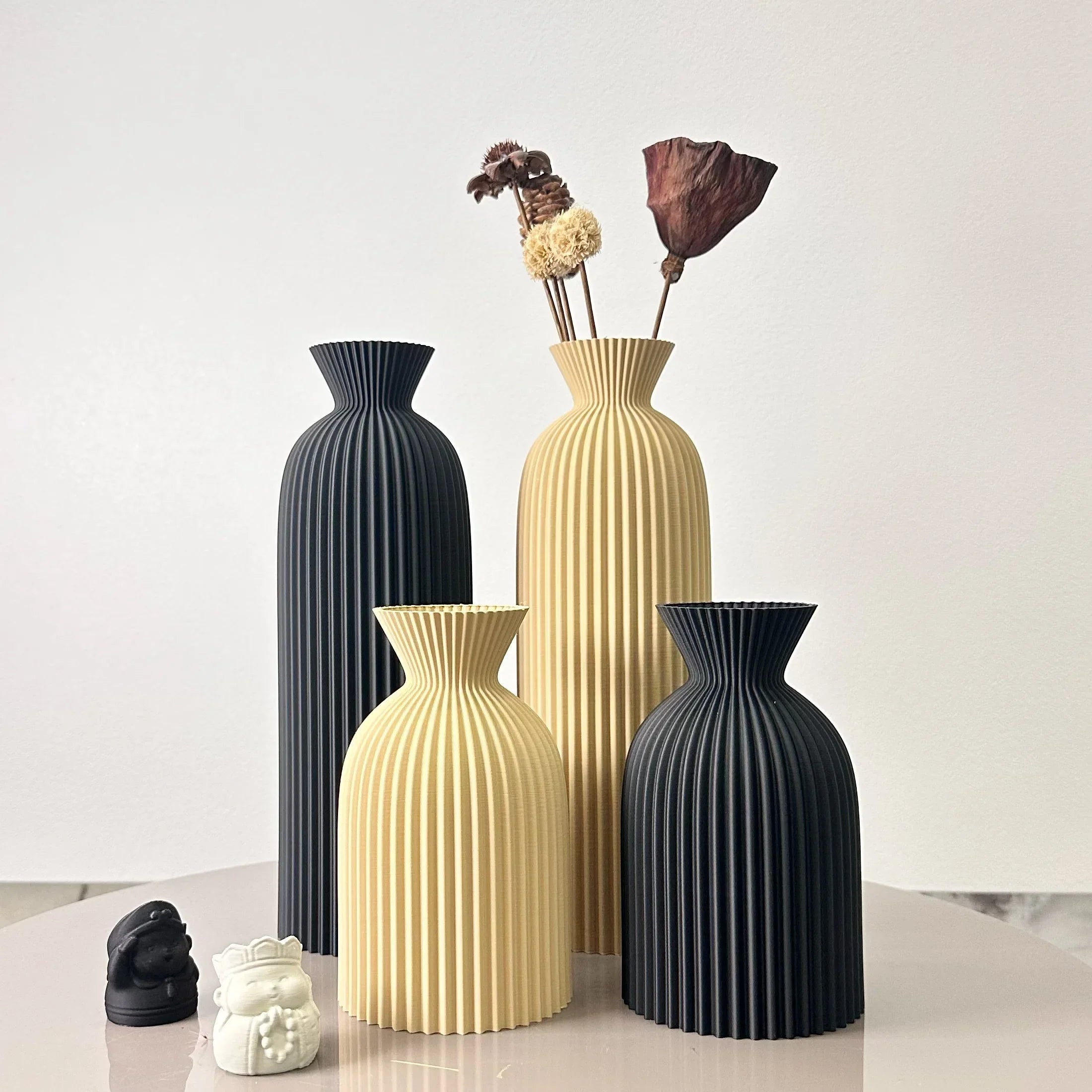 Elegant Dual Ceramic Vases with Striped Design in Neutral Tones