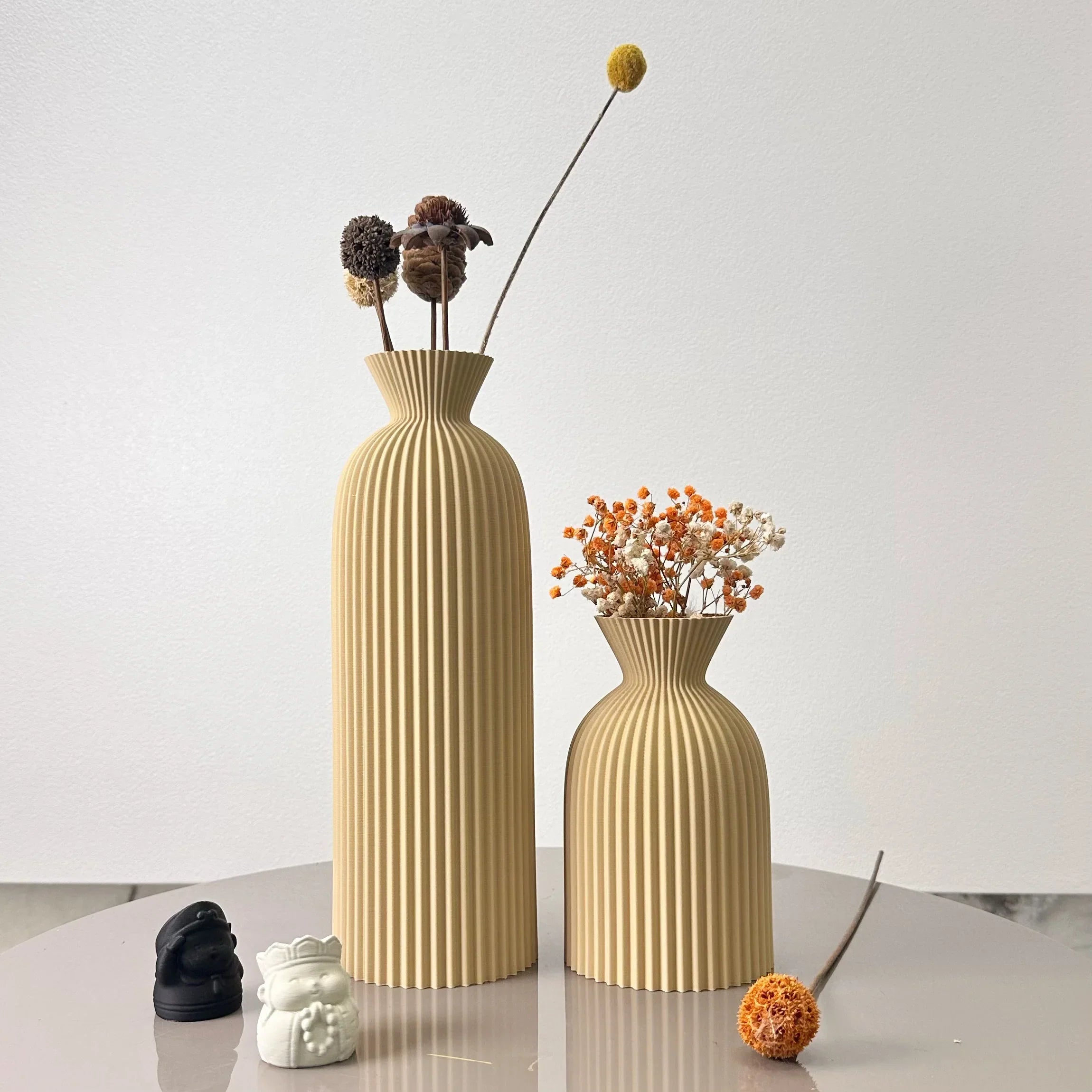 Elegant Dual Ceramic Vases with Striped Design in Neutral Tones