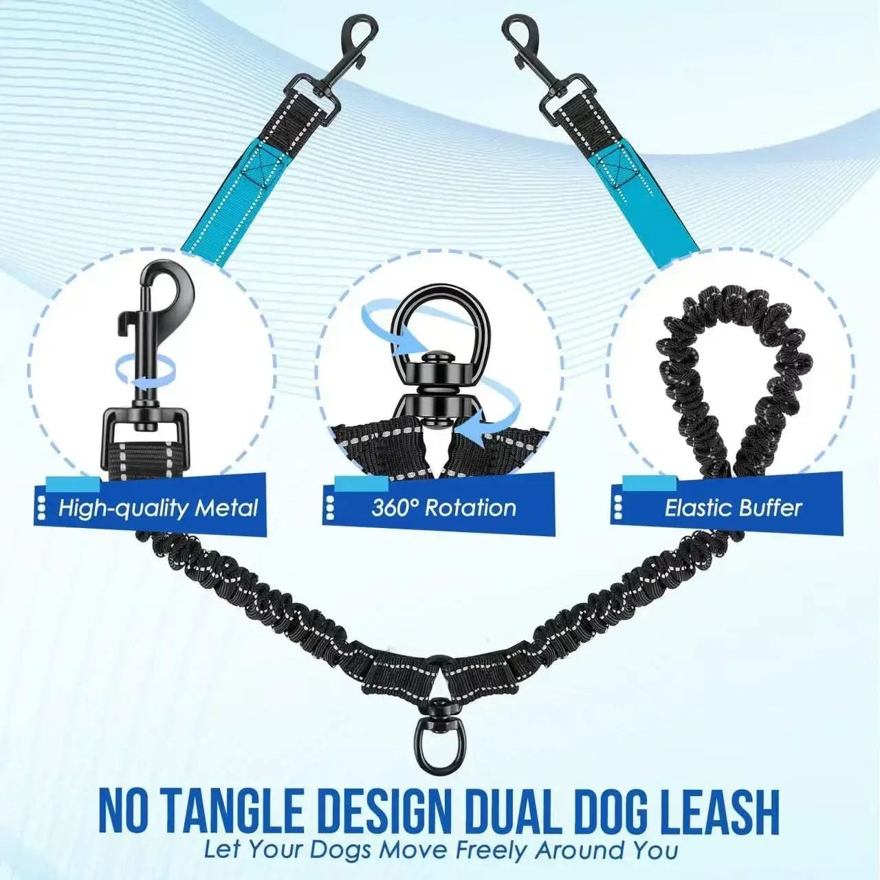 Dual Dog Leash with 360° Swivel and Shock Absorption Feature