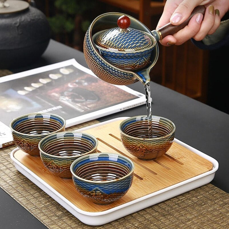 Elegant 5-Piece Ceramic Tea Set with Bamboo Serving Tray