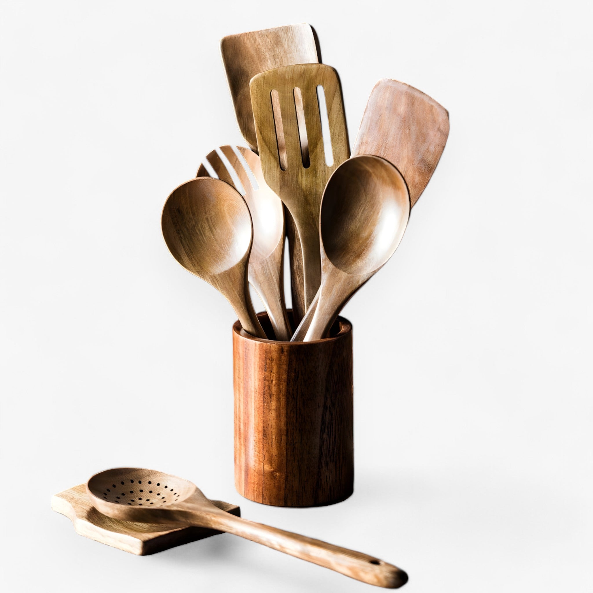 9-Piece Premium Teak Cooking Utensil Collection with Holder