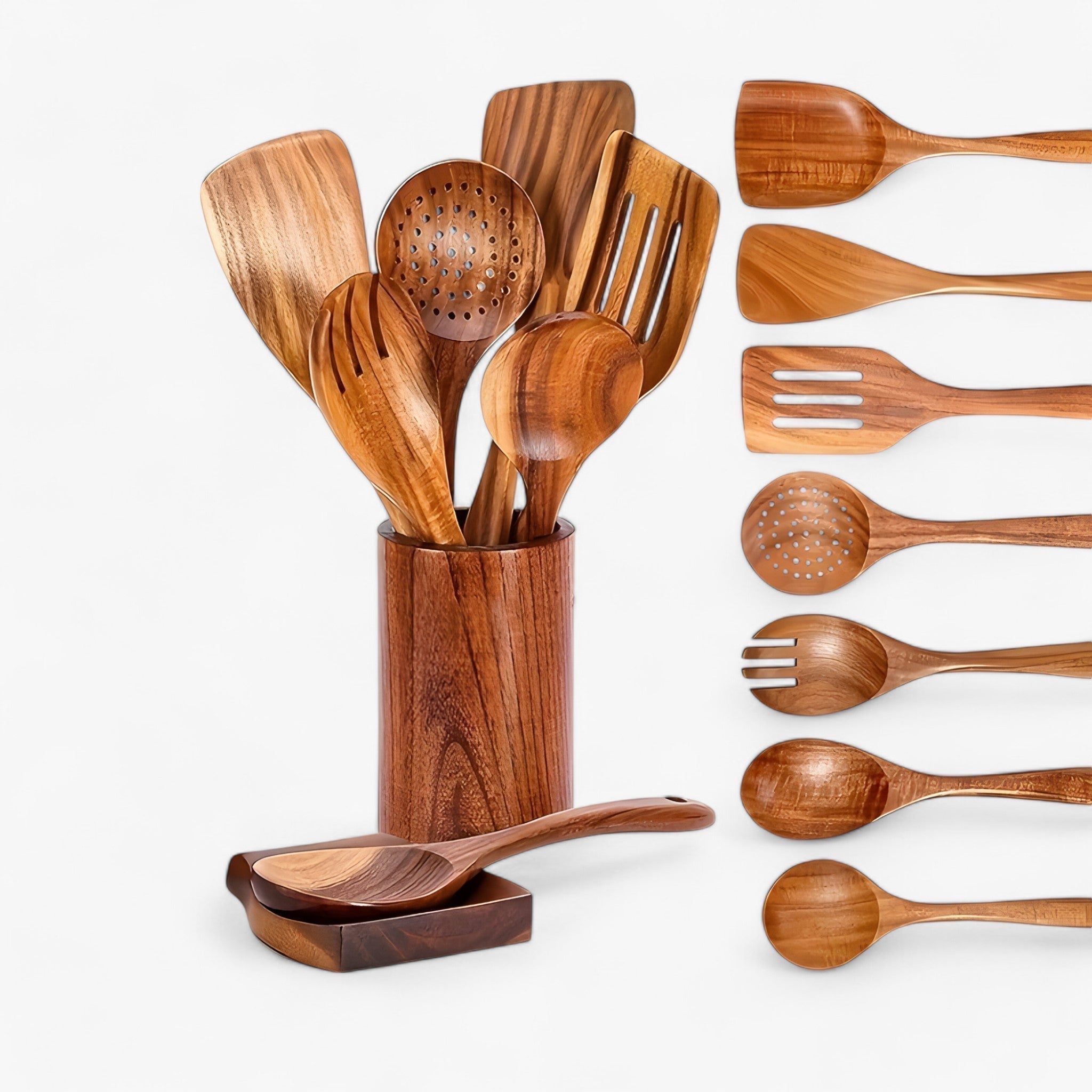 9-Piece Premium Teak Cooking Utensil Collection with Holder