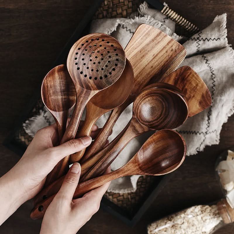 Teak Wood Kitchen Utensil Set for Natural Cooking – Spatula & Serving Spoons