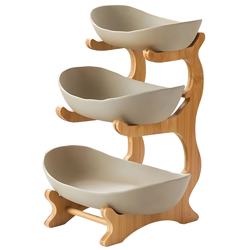 Multi-Level Fruit Organizer with Bamboo Base and Plastic Bowls