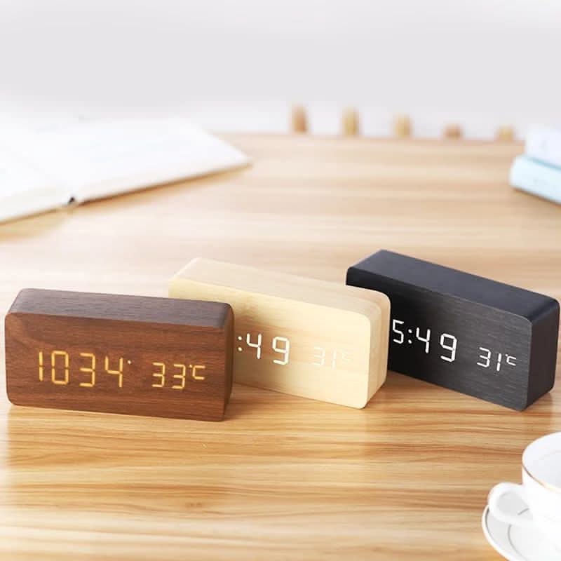 Digital LED Alarm Clock with Wooden Design and Temperature Indicator