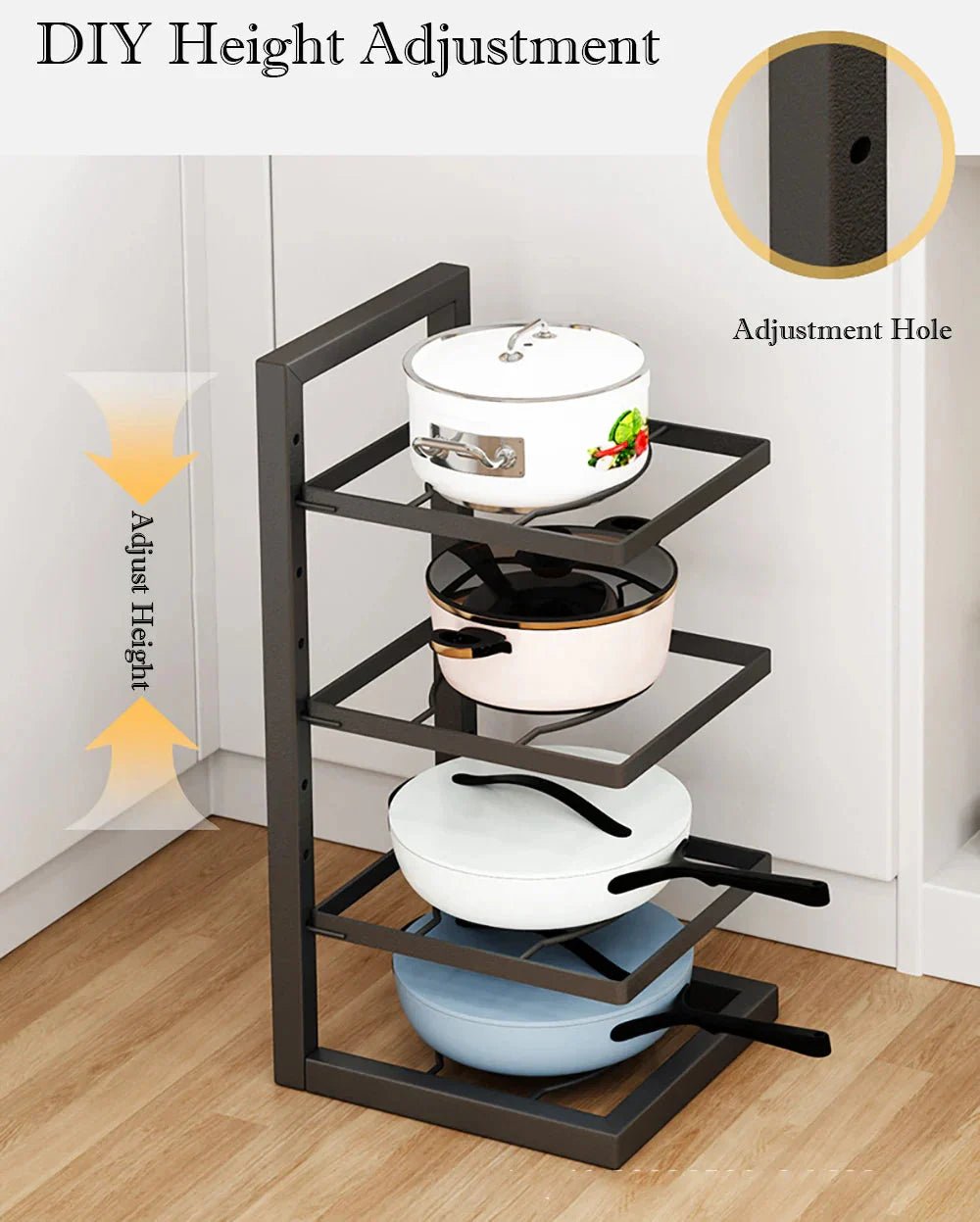 Pan and Pot Organizer Rack | Adjustable Shelves | Compact Cabinet Storage