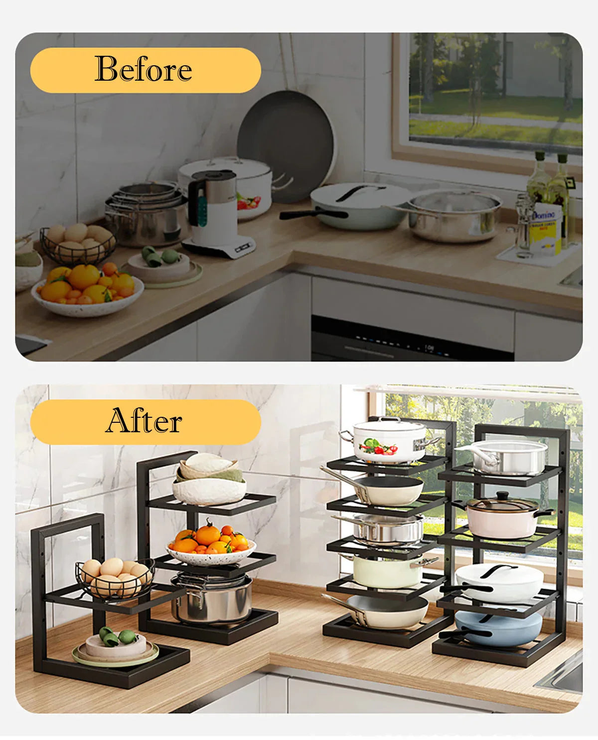 Pan and Pot Organizer Rack | Adjustable Shelves | Compact Cabinet Storage