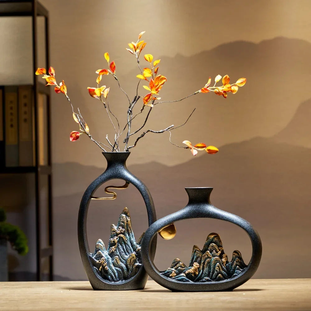 SerenityStone Matte Black Mountain Sculpture Vase