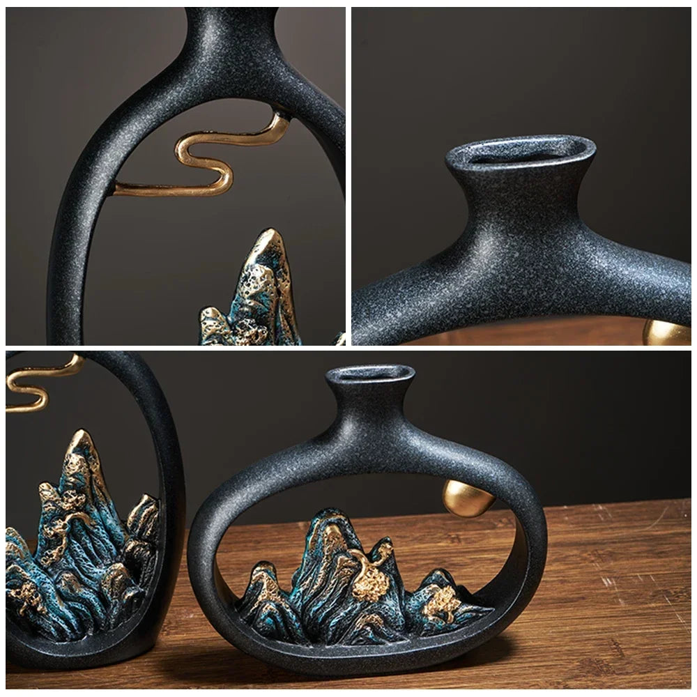 SerenityStone Matte Black Mountain Sculpture Vase