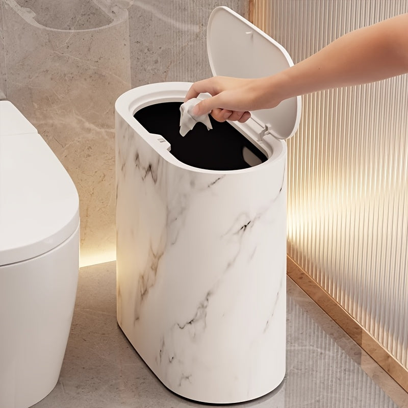 Sleek Oval Waste Bin with Marble Finish – Space-Saving Design