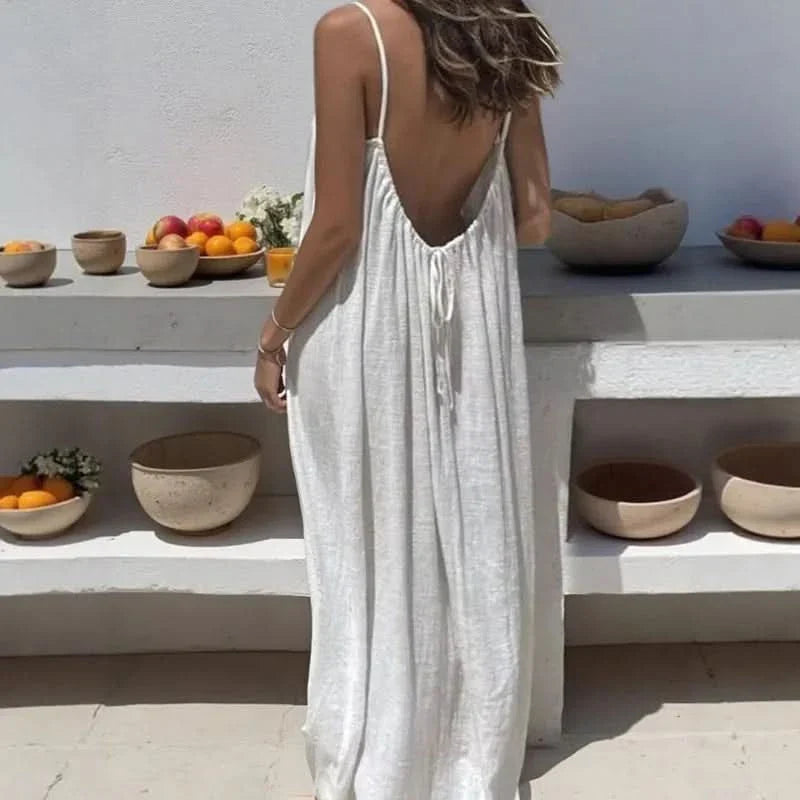Loose-Fitting Solid Color Summer Dress for Home Wear