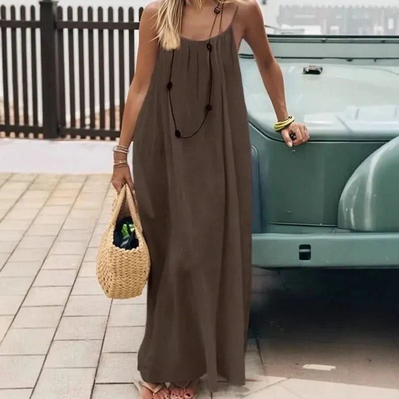 Loose-Fitting Solid Color Summer Dress for Home Wear