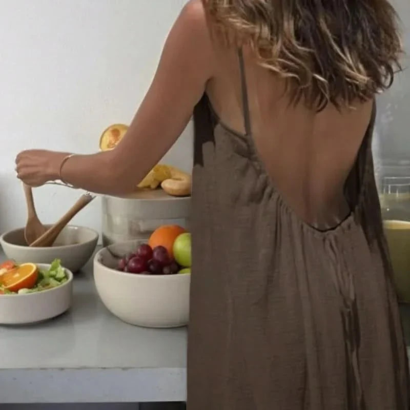 Loose-Fitting Solid Color Summer Dress for Home Wear