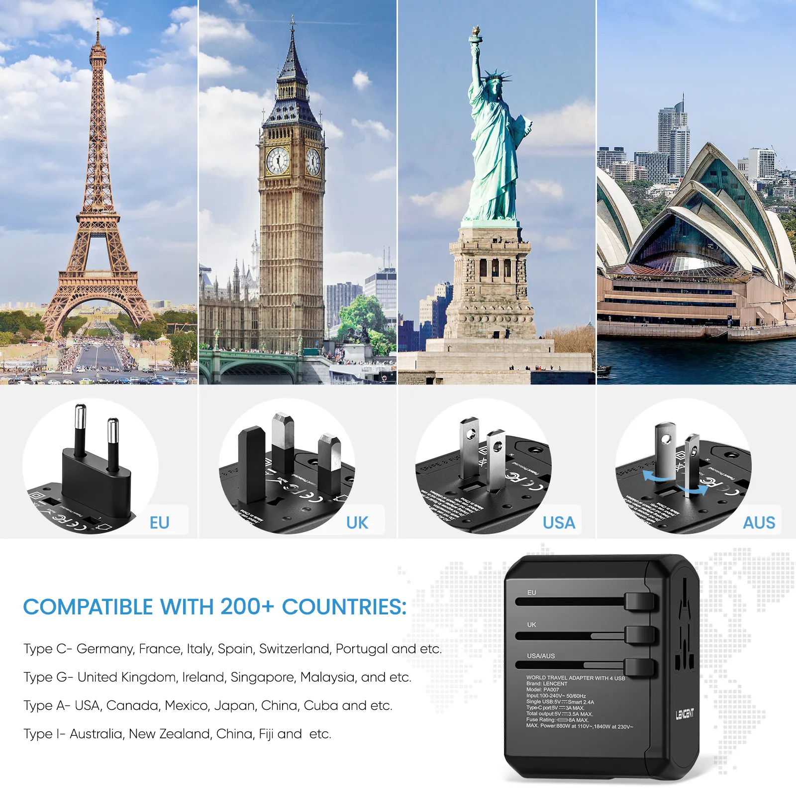 Smart Travel Power Adapter with USB Charging Ports