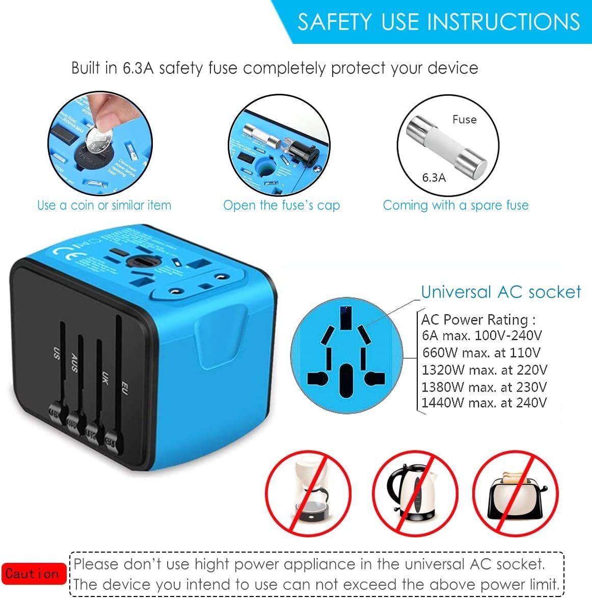 Smart Travel Power Adapter with USB Charging Ports