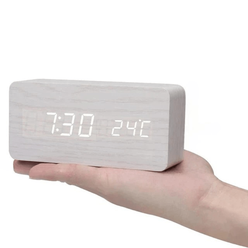 Natural Wood LED Clock with Voice Activation for Modern Homes