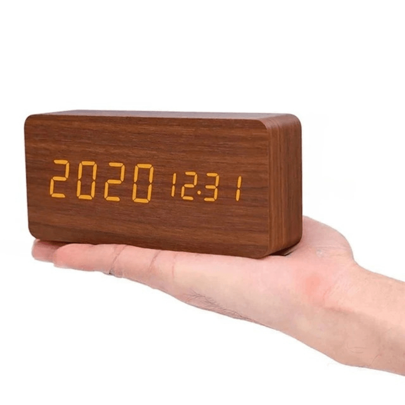 Natural Wood LED Clock with Voice Activation for Modern Homes