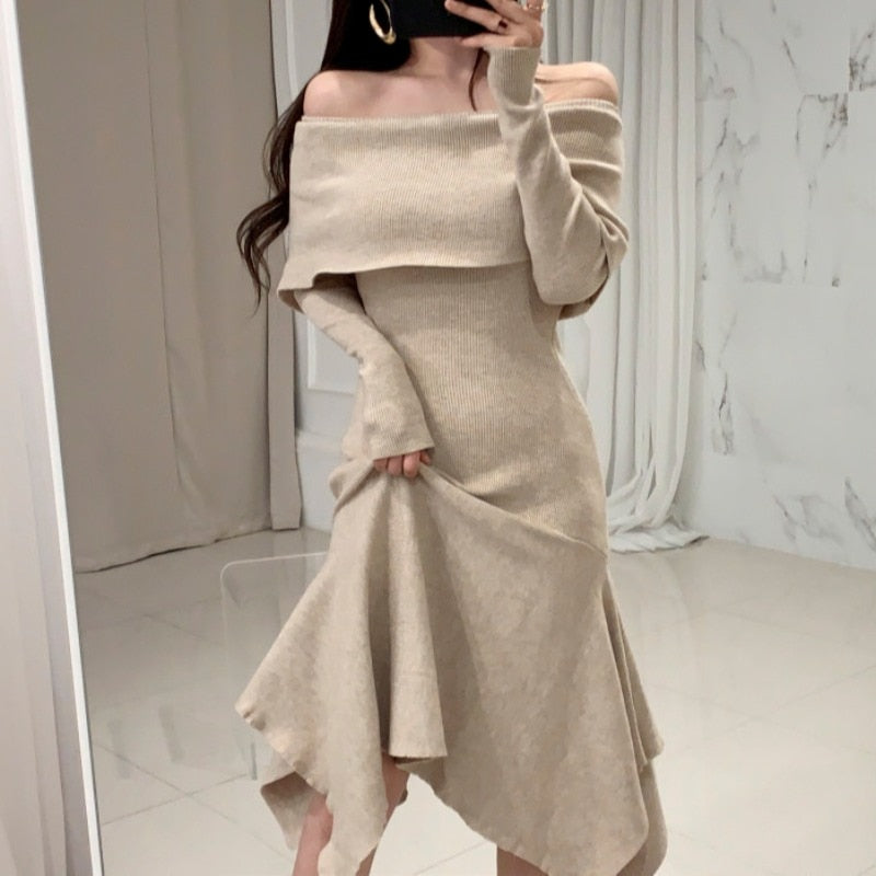 Long Sweater Dress with Ruffled Hem