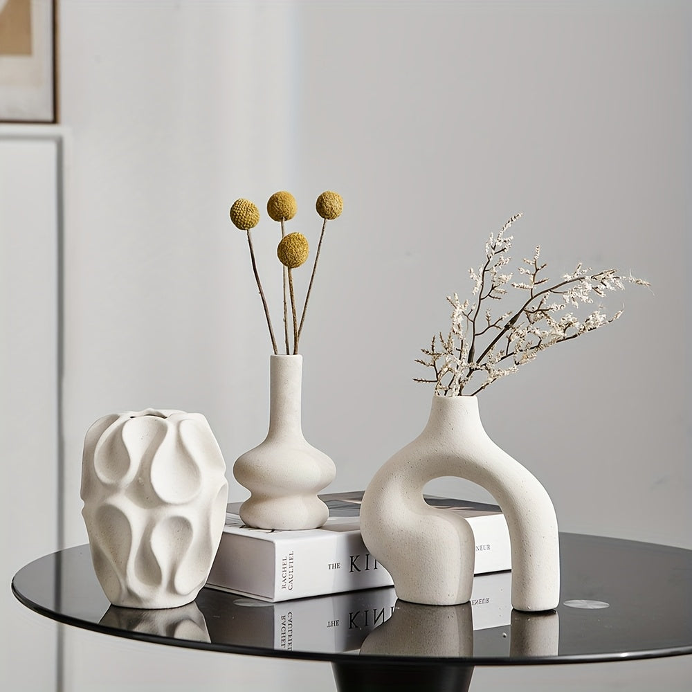 Modern Ceramic Vase Trio in Elegant Matte White Finish