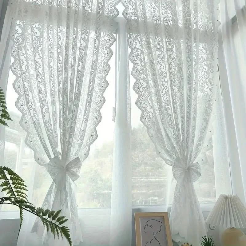 Elegant White Lace Curtain Panel with Beaded Phoenix Tail Design