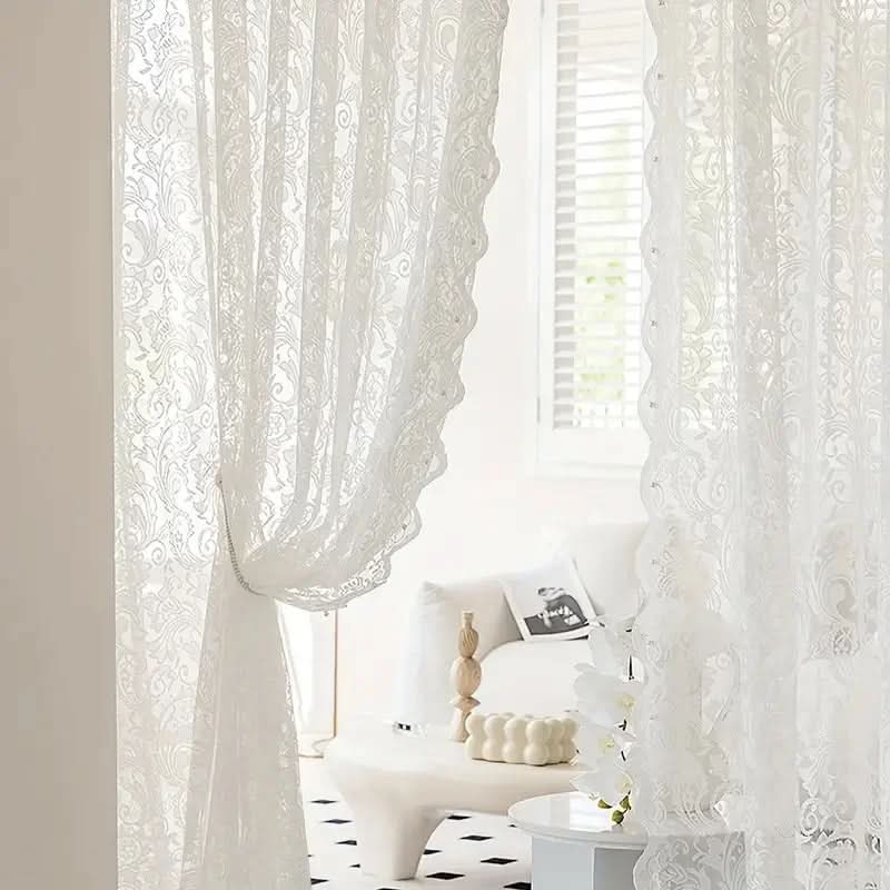 Elegant White Lace Curtain Panel with Beaded Phoenix Tail Design