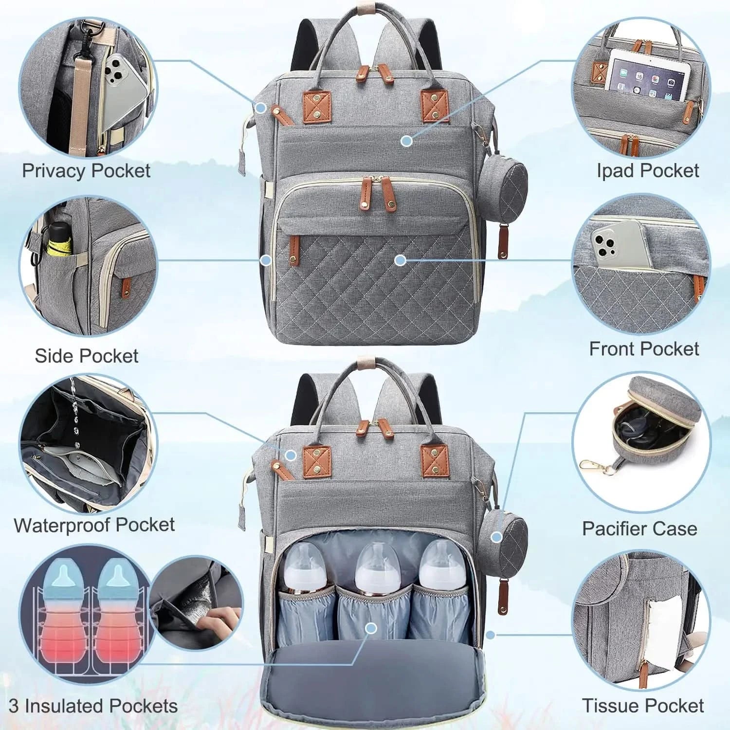Multi-Functional Backpack Diaper Bag with Changing Mat and Pacifier Holder