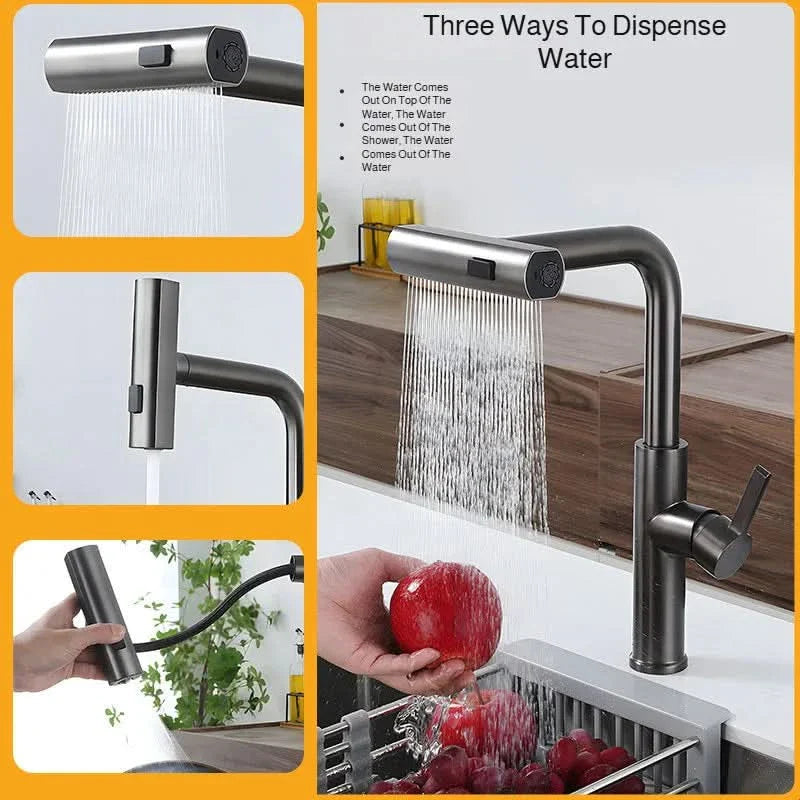 Pull Down Waterfall Kitchen Faucet with Flexible Hose