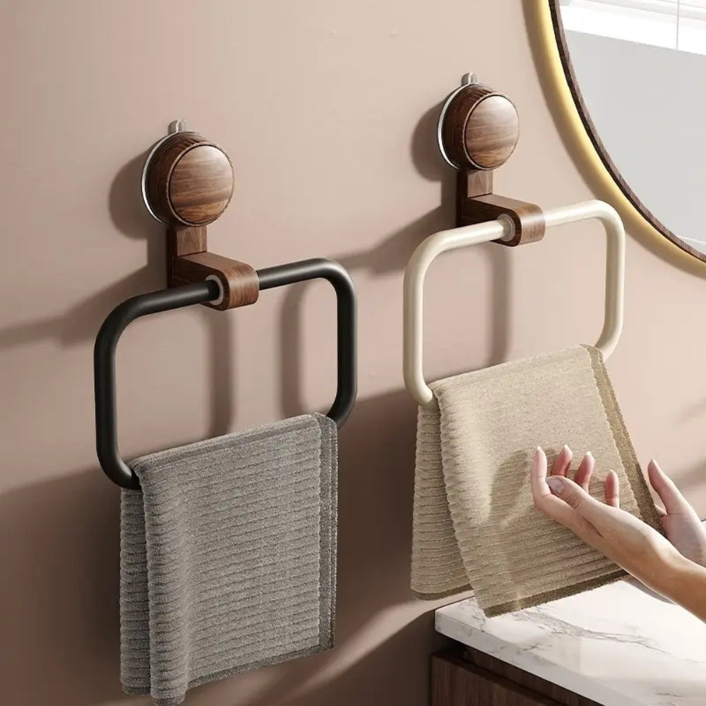 Suction-Mount Towel Holder with Stylish Wood and Metal Design