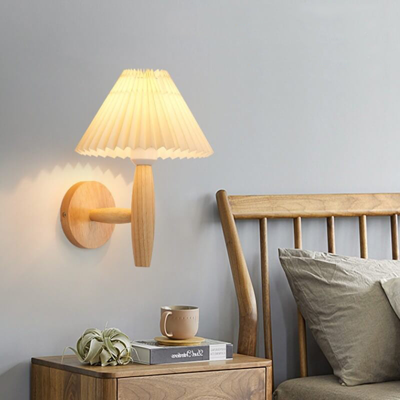 Elegant Indoor Wall Light with Pleated Shade and Wooden Accents
