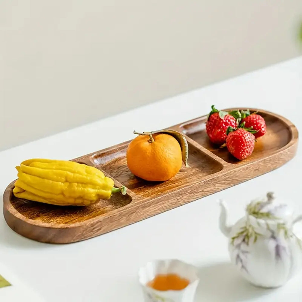 Elegant Wooden Snack Tray with 3 Dividers - 11 x 4 Inches