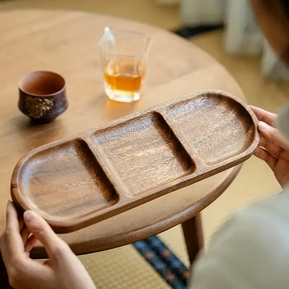 Elegant Wooden Snack Tray with 3 Dividers - 11 x 4 Inches