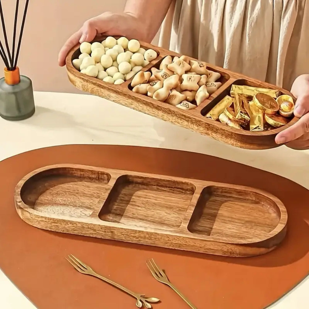 Elegant Wooden Snack Tray with 3 Dividers - 11 x 4 Inches