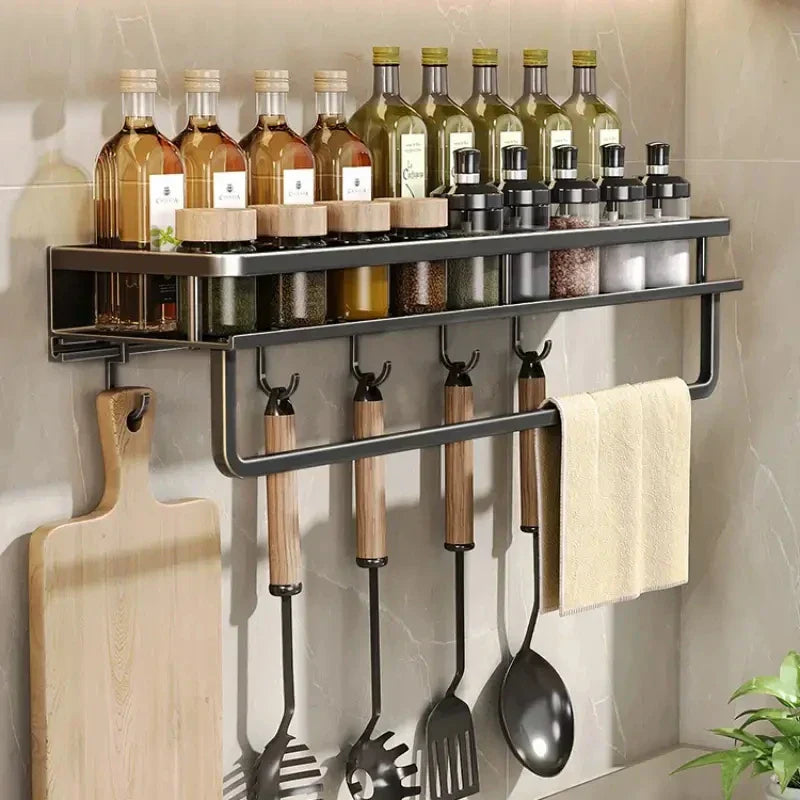 Elegant Wall-Mounted Kitchen Organizer with Spice Rack & Hooks