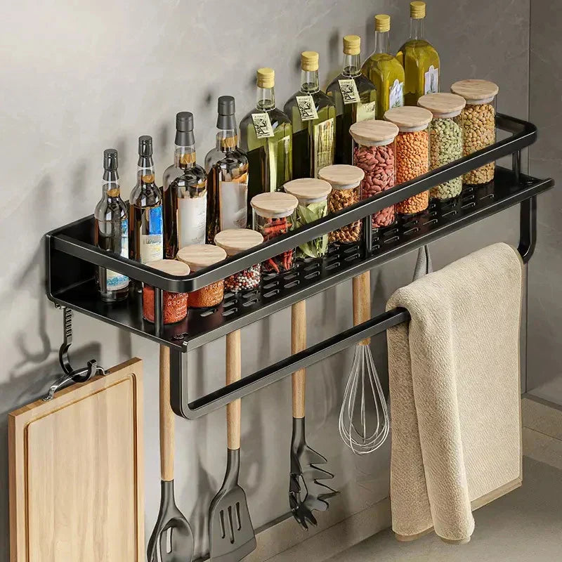 Elegant Wall-Mounted Kitchen Organizer with Spice Rack & Hooks