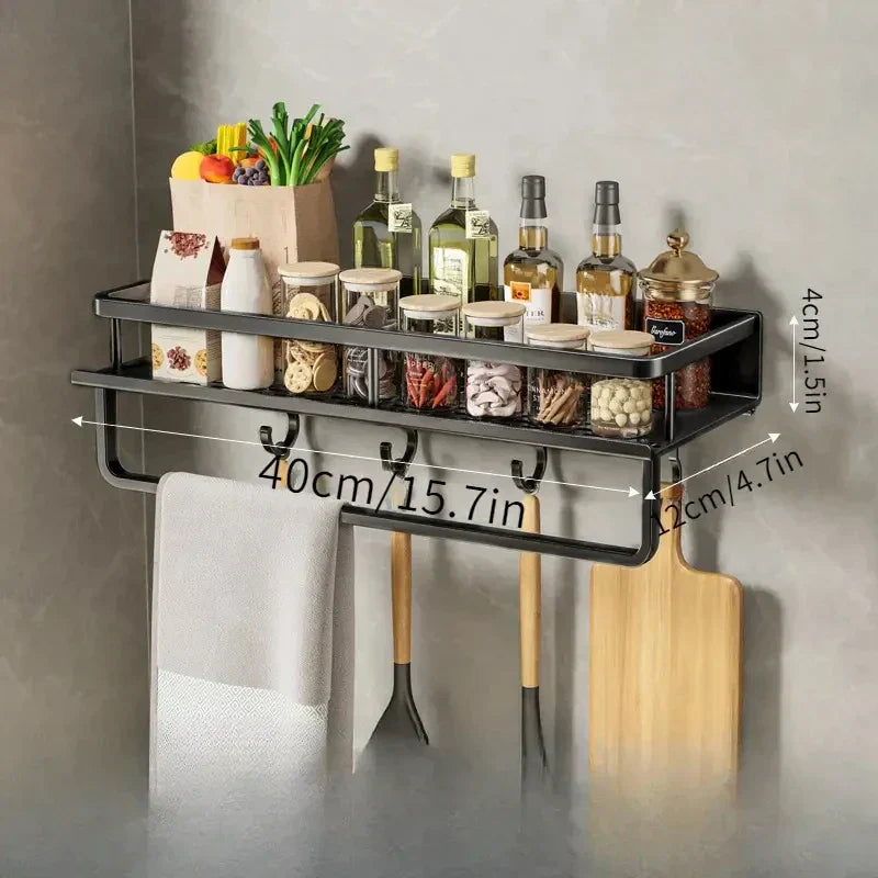 Elegant Wall-Mounted Kitchen Organizer with Spice Rack & Hooks