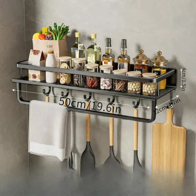 Elegant Wall-Mounted Kitchen Organizer with Spice Rack & Hooks