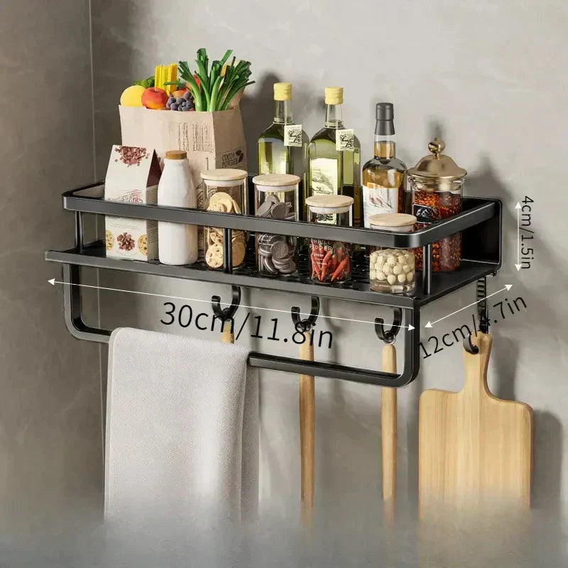 Elegant Wall-Mounted Kitchen Organizer with Spice Rack & Hooks