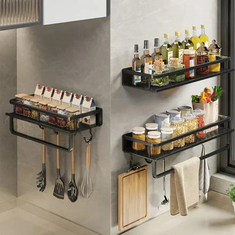 Elegant Wall-Mounted Kitchen Organizer with Spice Rack & Hooks