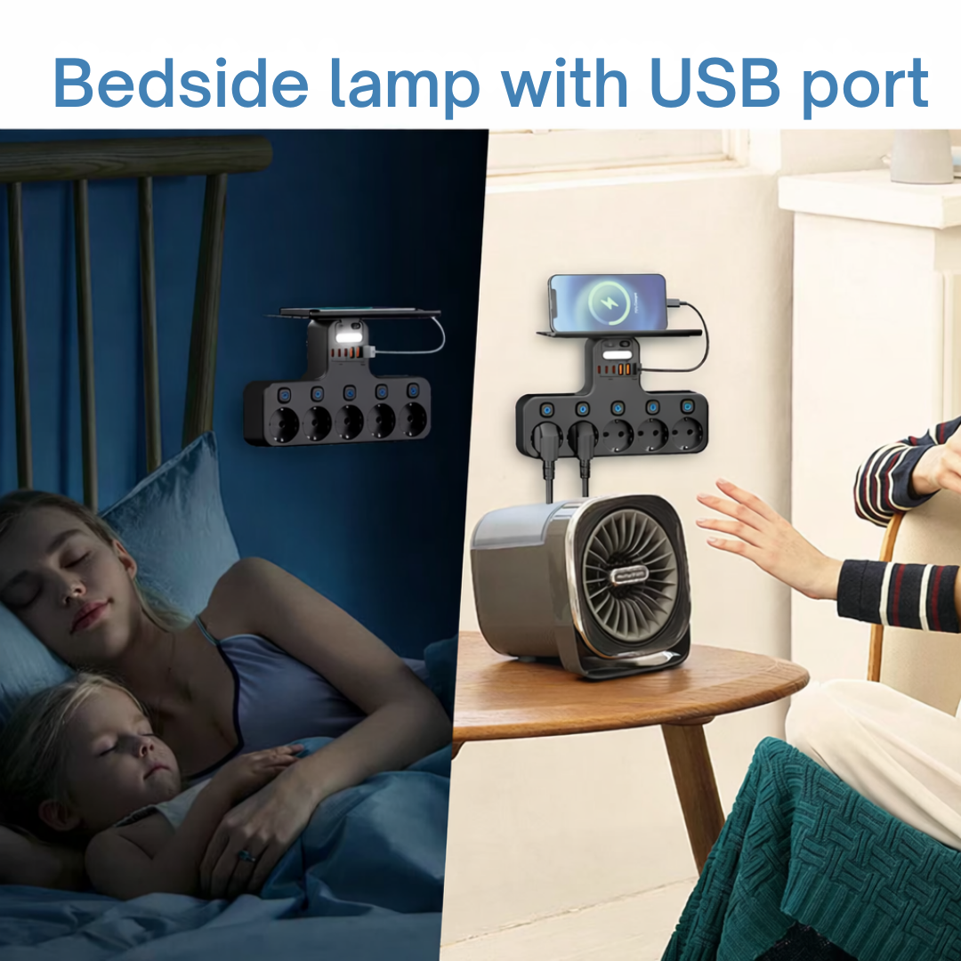 Wall Power Strip with Individually Switchable Outlets and USB Ports