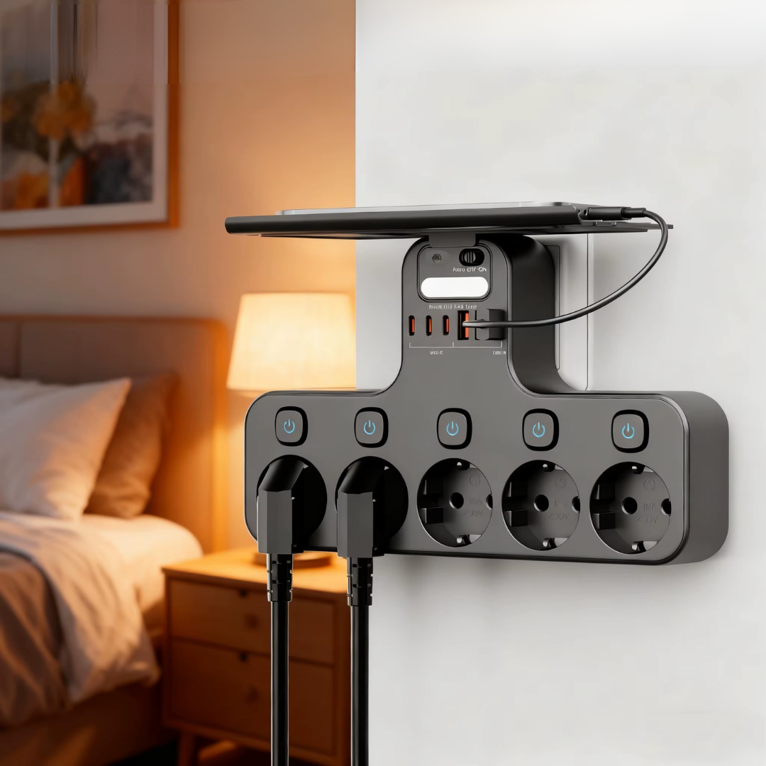Wall Power Strip with Individually Switchable Outlets and USB Ports