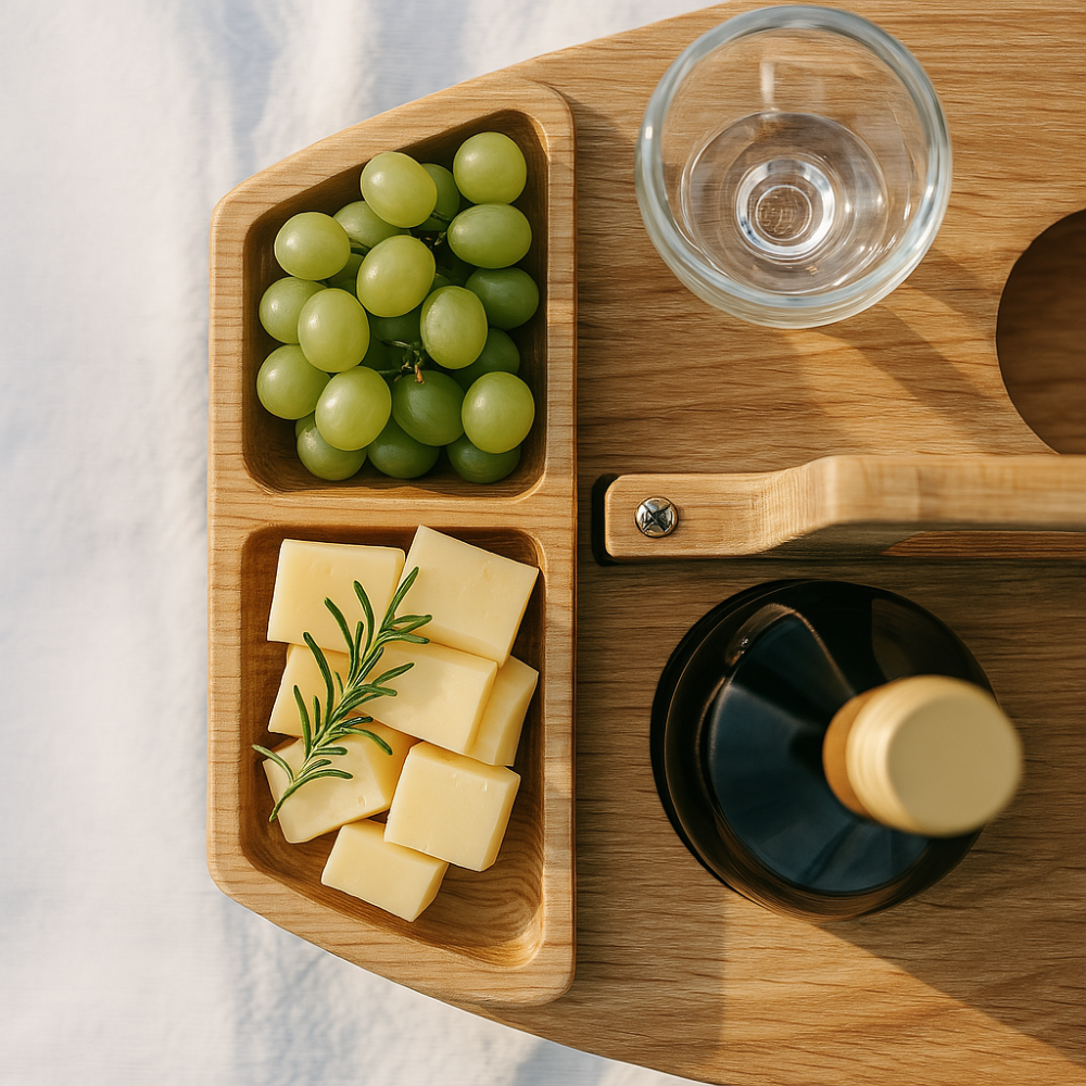 Folding Wooden Wine Table with Snack Compartments, Glass and Bottle Holders