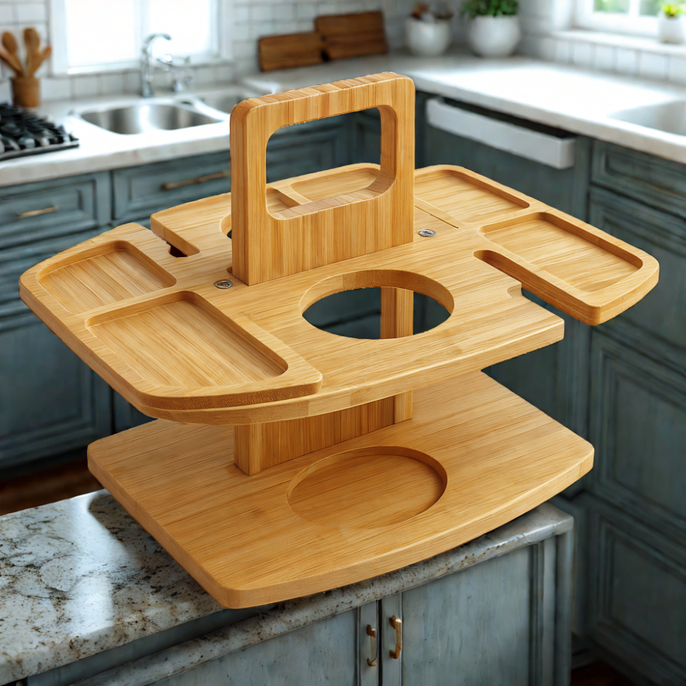 Folding Wooden Wine Table with Snack Compartments, Glass and Bottle Holders