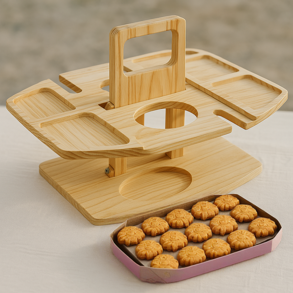 Folding Wooden Wine Table with Snack Compartments, Glass and Bottle Holders