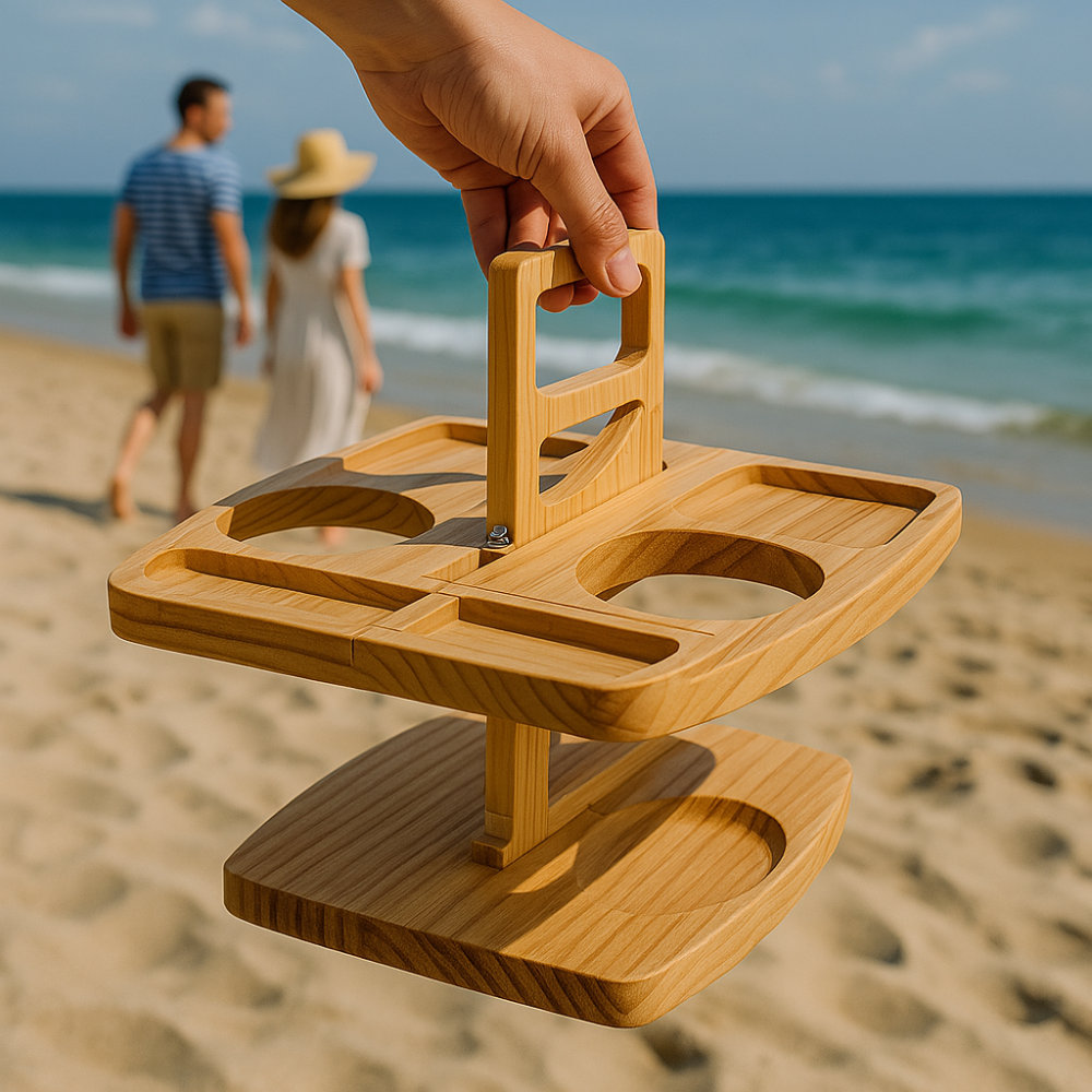 Folding Wooden Wine Table with Snack Compartments, Glass and Bottle Holders