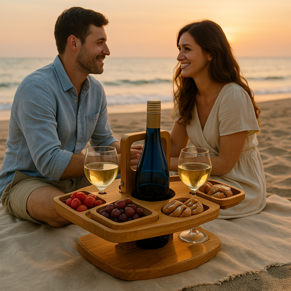 Folding Wooden Wine Table with Snack Compartments, Glass and Bottle Holders